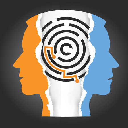 Male heads silhouette depression schizophrenia. Ripped paper Male heads silhouettes with maze. Concept symbolizing resolving depression, schizophrenia.  Vector available.のイラスト素材