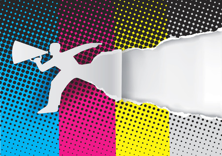 Promotion Man ripped paper with print colors. Paper male silhouette advertises color printing with megaphone.Place for your text or image. Vector illustration.のイラスト素材