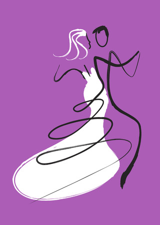 Dancing wedding couple. Young wedding couple dancing ballroom dance. Drawing imitating brush and ink.のイラスト素材