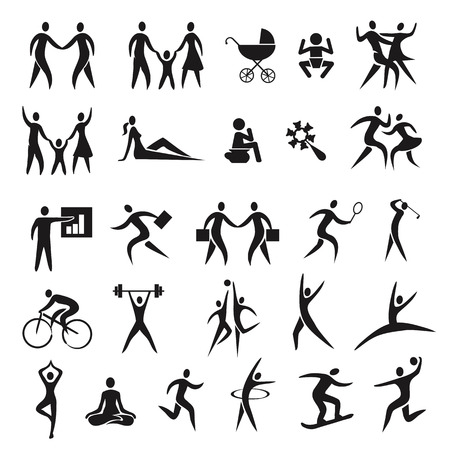 Icons people family business sport. Set of black icons of family life, children, business, sport. Vector available.のイラスト素材