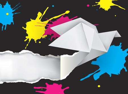 Origami dove with splashes of ink. Illustration of Origami dove ripping paper with print colors. Concept for presenting color printing press.Vector availableのイラスト素材