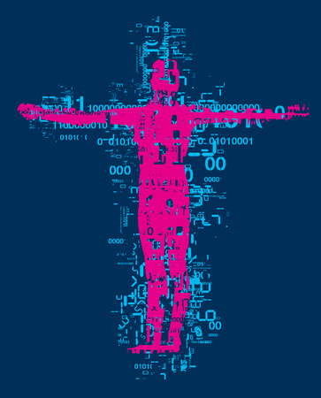 Victim of computer age.  Crucified man, grunge stylized silhouette with binary codes and digital numbers. Vector available.のイラスト素材