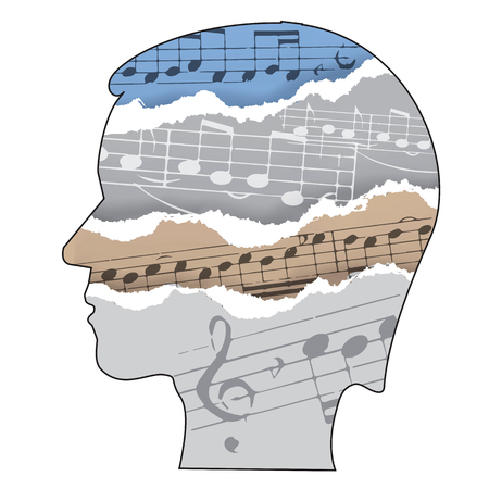 Musician Music composer. Stylized male head silhouette with music notes on ripped paper representing the craft of composer artist and conductor. Vector available.のイラスト素材