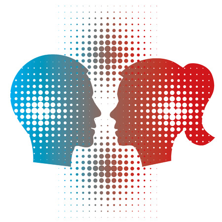 Silhouette Of Young couple. Stylized Male and female heads facing each other in silhouette with halftone raster.Vector available.のイラスト素材