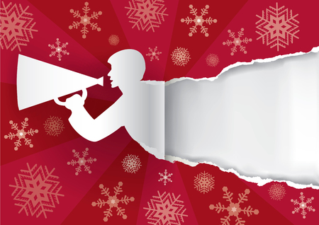 Man ripped Christmas paper background. Man advertises or sells shouts in a megaphone on the red paper christmas background with place for your text or image. Vector available.のイラスト素材