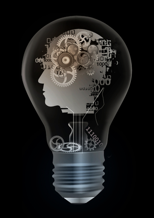 Burn out syndrome depression concept. Illustration of light bulb with stylized male head silhouette with gear symbolizing burnout syndrome and depression.の写真素材