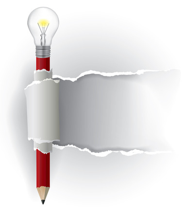 Creative pencil ripping paper background.  White Ripped paper with lightbulb pencil with place for your image or text. Vector available.のイラスト素材