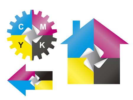 Color print sticker design elements. Illustration of house, arrow and gear symbols with  cmyk print colors paper stickers. Concept for presenting of color printing.Vector available.のイラスト素材