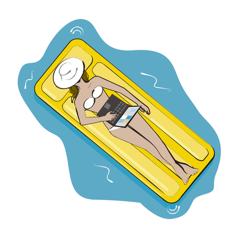Woman with laptop laying on air mattress.  Young woman with laptop sunbathing on air mattress on the water surface. Isolated on white background. Vector available.のイラスト素材