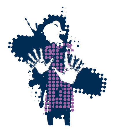 Young woman, fear of violence. Grunge stylized woman silhuette with arms in defensive position. Vector available.のイラスト素材