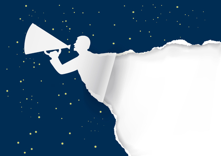 Promotion background with night starry sky.  Man with megaphone ripping paper background with night starry sky. Place for your text or image. Poster for night action. Vector available.のイラスト素材