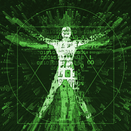 Vitruvian man of digital age, green background. Illustration of vitruvian man with a binary codes symbolized digital age on green background. Concept for danger of cyber spaceの写真素材