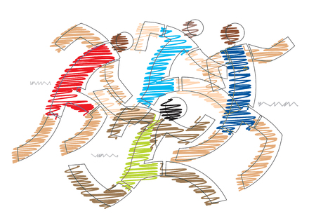 Competition runners. Stylized hatched illustration of four runners .Isolated on white background. Vector available.のイラスト素材