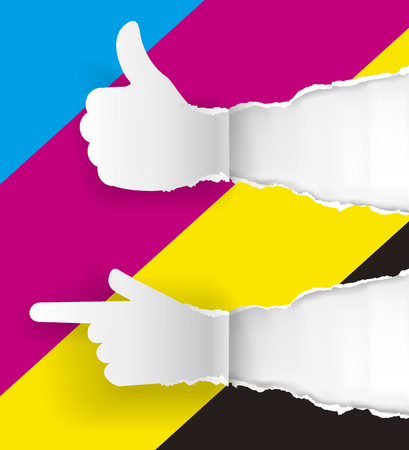 Gesturing paper hands, ripped paper with print colors.  Two Gesturing paper hands with thumbs up hand pointing direction. Concept presenting color printing. Vector available.のイラスト素材