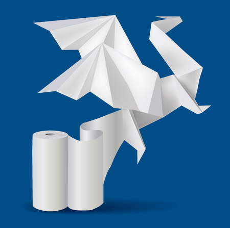 Origami Dragon with rool of paper.  Illustration of paper Dragon on blue background.Concept for paper production. Vector available.のイラスト素材