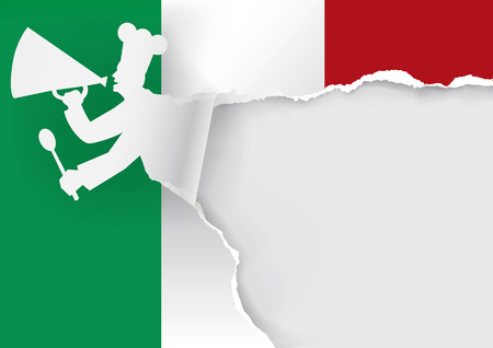 Italian Regional Cuisine promotion template  Illustration of torn paper with Italian flag and cook with megaphone. Place for your text or image.Vector available.のイラスト素材