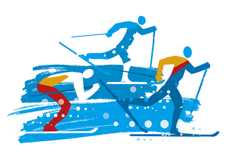Cross country skiers grunge stylized. Illustration of three stylized cross country skiers. Isolated on white background. Vector available.のイラスト素材