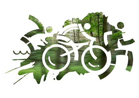 Triathlon Racers in the wild. Blurred photo of a forest set in a stylized illustration of a triathlon race.の写真素材