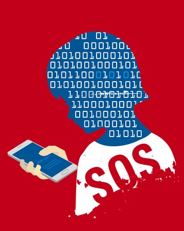 Little child with Mobile phone dependence. Child stylized head silhouette with binary codes and  Mobile phone on red background. Social networks addiction concept.Vector availableのイラスト素材