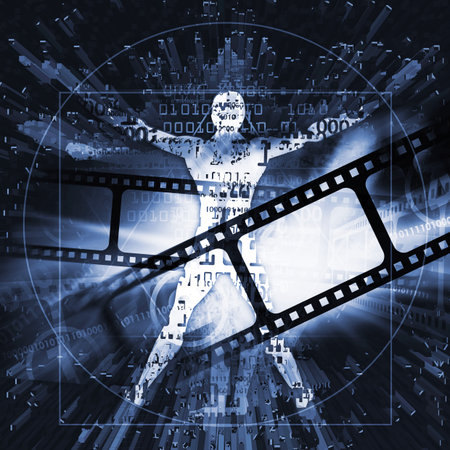 Cinema photography vintage background with Vitruvian man. Illustration of blue dynamic background...