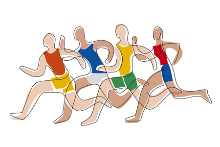 Running race, competition, line art stylized. Colorful lineart stylized illustration of four running racers on gradient abstract background . Vector available.のイラスト素材