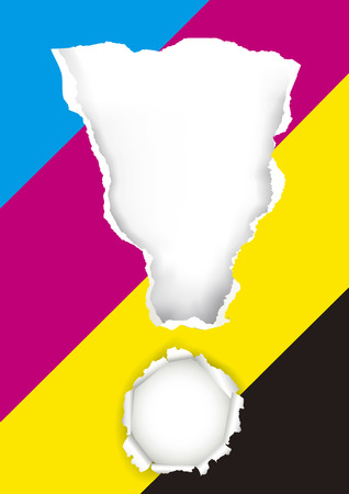 Exclamation mark with print colors.  Original and distinctive advertisement background  on ripped paper with print colors. Place for your text or image. Concept for presenting of color printing. Vector available.のイラスト素材