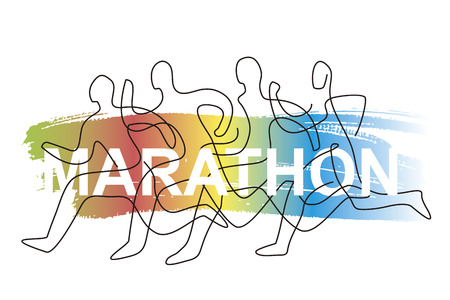 Running race, competition, line art stylized. Colorful lineart stylized illustration of four running racers on gradient abstract background with inscription MARATHON. Vector available.のイラスト素材