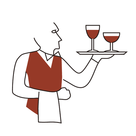 Waiter serving wine, cartoon. Line art stylized illustration of a waiter in red vest serving red wine. Isolated on white background. Vector available.のイラスト素材