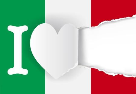 I love Italy, torn paper heart. Illustration of ripped paper heart on paper italy flag. Place for your texz or image. Vector available.のイラスト素材