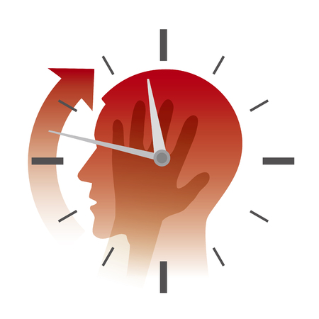 Deadline, stressed out man with watch. Stylized male head silhouette holding his head, with watch. Concept for stress and overwork. Isolated on white background.Vector available.のイラスト素材