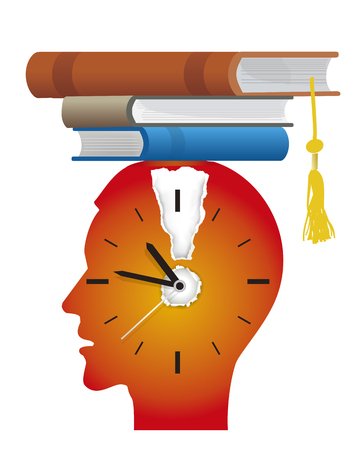 Nervous student before exams. Stylized Illustration young man red silhouette with watch ,exclamation markand and books as graduation cap. Vector available.のイラスト素材
