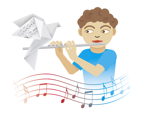 Little boy playing on the flute. Illustration of boy playing flute with origami pigeon and wave with musical notes. Isolated on white background. Vector available.のイラスト素材