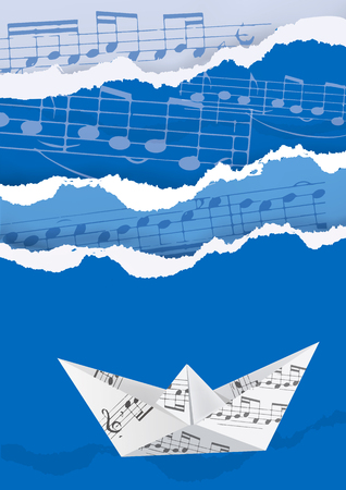 Ripped paper blue background with music notes and Origami with musical notes. Illustration Useful for music events. Vector available.のイラスト素材