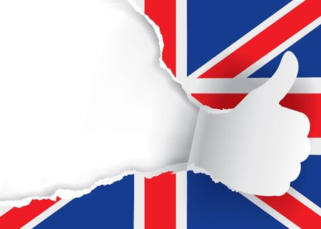 Paper hand with thumb up and british flag. Vector illustration.のイラスト素材