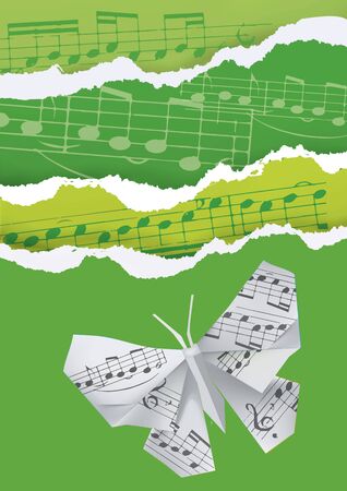 Origami butterfly on green background with musical notes.  Illustration of green ripped paper background with origami butterfly and musical notes. Vector available.のイラスト素材