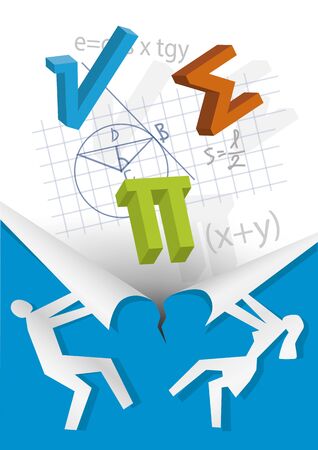 Discover Mathematics, education concept. Male an fwmale silhouette ripping paper with mathematical formulas and symbols. Vector available.のイラスト素材