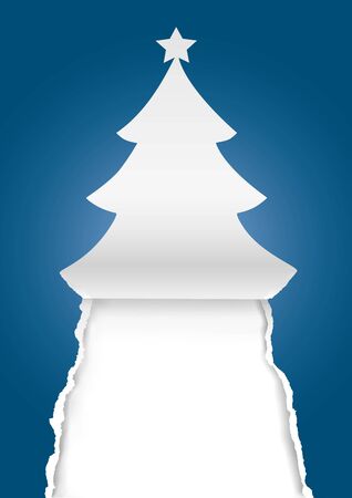 Paper Christmas tree, greeting card background. Spruce silhouette on blue paper. Place for your text or image. Vector available.のイラスト素材