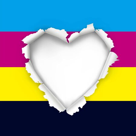 Torn paper heart with CMYK print colors. Illustration of hole in paper in shape of heart. Concept for color printing. Place for your text or image. Vector available.のイラスト素材