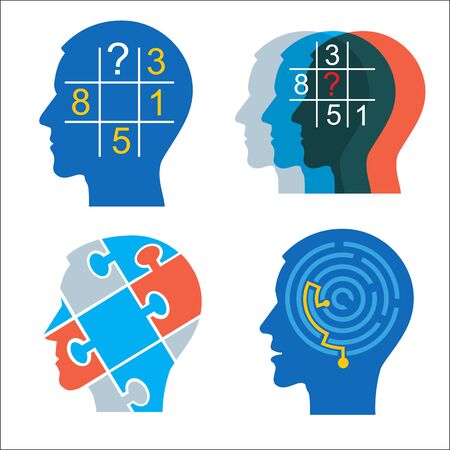 Men heads with sudoku puzzle and maze. Vector Illustration Keywords: Concept for psychological tests. Vector available.のイラスト素材