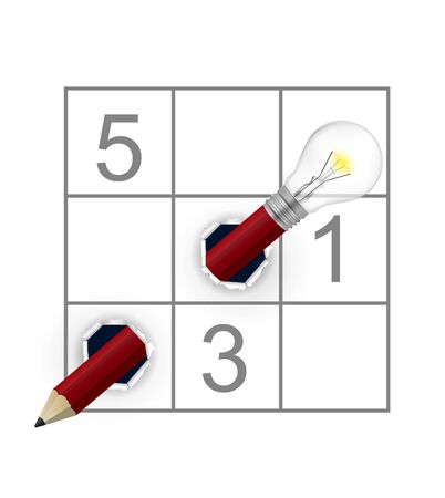 Sudoku Puzzle Grid and Crazy Pencil with bulb. Red Pencil with Light Bulb Ripped Paper with Sudoku. Vector available.のイラスト素材