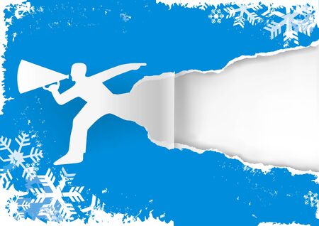 Man with megaphone on grunge paper background with snowflakes. Illustration suitable for original winter flyer or banner. Place for your text or image. Vector available.のイラスト素材