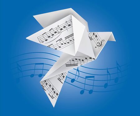 Origami dove with musical notes. Stylized illustration of paper pigeon on blue background. Vector available.のイラスト素材