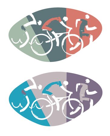Swimmer cyclist runner racers. Three triathlon stylized athletes on colorful background. Vector available.のイラスト素材