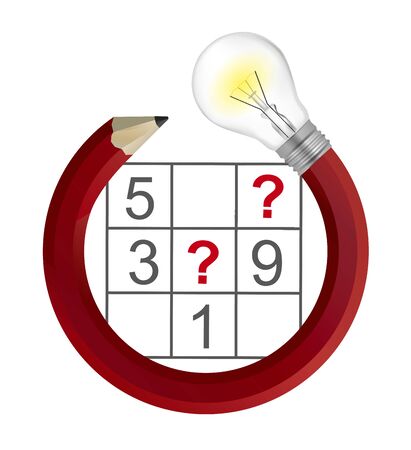Sudoku Puzzle Grid and Creative Pencil with bulb. Illustration of Pencil in circle shape with lightbulb and sudoku. Vector available.のイラスト素材