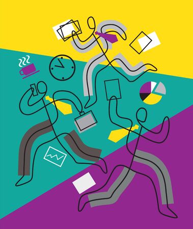 Deadline, chaos in business, people in a hurry. Three business people in stress running around with stylized lineart paper on colorful background. Vector available.のイラスト素材
