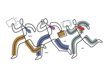 Business people running in a hurry. Three businessman with suitcase and papers, lineart stylized. Isolated on white background. Vector available.のイラスト素材