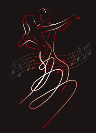 Balroom Dancers Line art stylized illustration of couple dancing ballroom dance on black background. Vector available.の販売画像