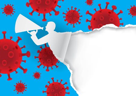 Man with megaphone ripped paper. Expressive template for announcement, poster for coronavirus pandemic theme. Place for your text or image. Vector available.のイラスト素材