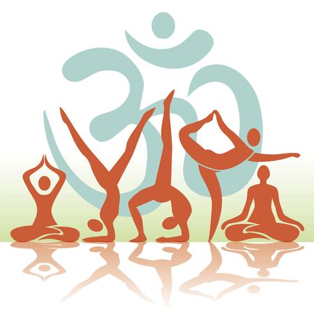 Yoga positions silhouettes with om symbol. Illustration of five yoga poses. Vector available.のイラスト素材