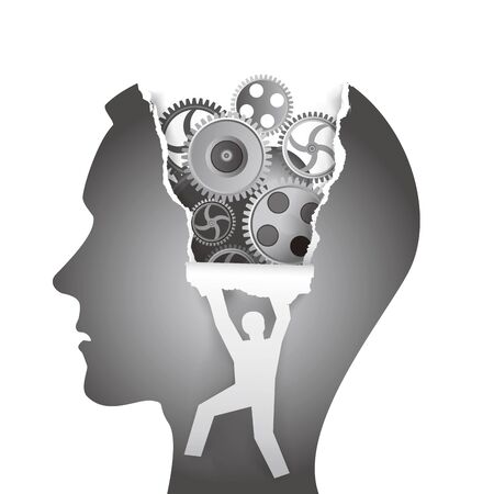 Psychological examination, mental health concept. Stylized Male Head in Profile with Gear and Male Silhouette Ripping Paper Background. Isolated on white background. Vector availabのイラスト素材